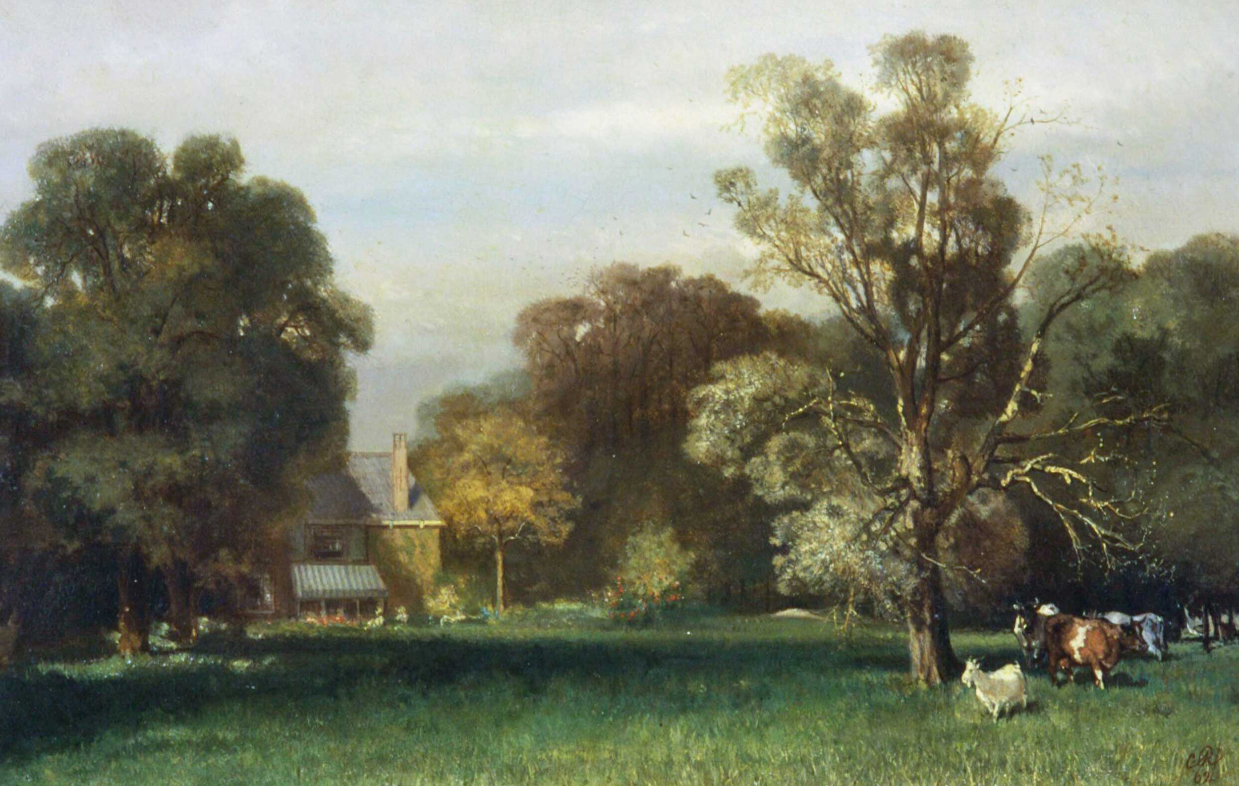Schilderij van het park rond Landhuis De Voorde in Rijswijk door Charles Rochussen, 1862, met het landhuis in de verte