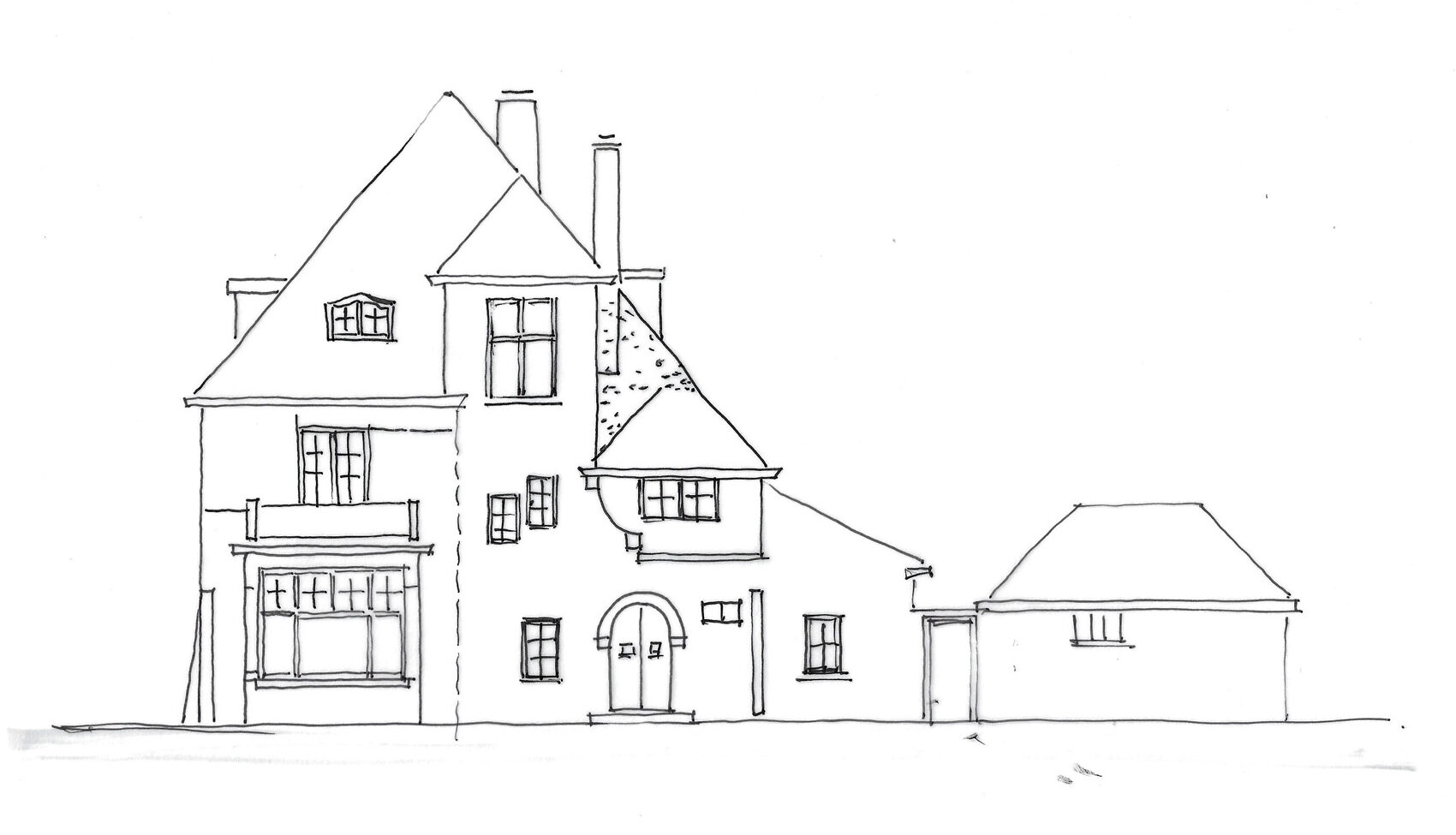 Handschets van de voorgevel van de villa aan de Schouwweg in Wassenaar met de geplande uitbreiding